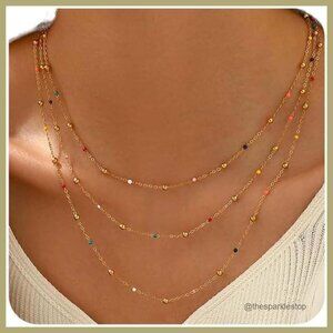 Gold Plated Stainless Steel Layered Beaded Chain Necklace Set